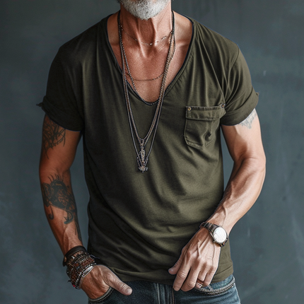 Men's V Neck Short Sleeve T-Shirt | Cotton Casual Top with Cargo Breast Pocket | Comfortable Regular Fit | Soft & Breathable | Versatile for Everyday Wear