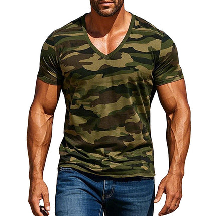 Men's Camo V-Neck T-Shirt | Short Sleeve | Army Green Camouflage | Casual Wear | High Quality Knitted Fabrics | Classic Camouflage Pattern | Bold Confident Look | Available in Sizes S-XXXL