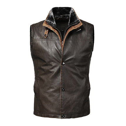 Men's Leather Vest | Soft Vintage Style | Double Layer Fleece Collar | Italian Calfskin Trim | Heavy-duty Brass Zipper | Antiqued Snaps | Multiple Pockets | Handcrafted Outerwear