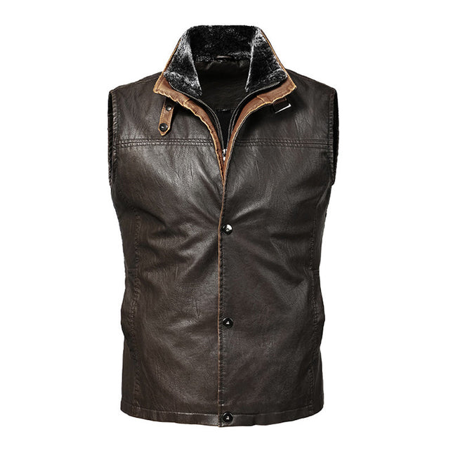 Men's Leather Vest | Soft Vintage Style | Double Layer Fleece Collar | Italian Calfskin Trim | Heavy-duty Brass Zipper | Antiqued Snaps | Multiple Pockets | Handcrafted Outerwear