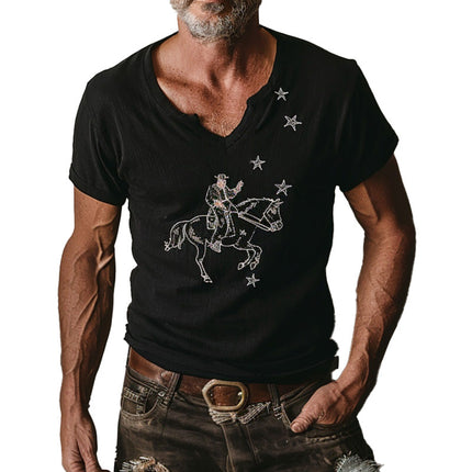 Men's Embroidered Linen T-Shirt | Summer Cowboy Outfit | Short Sleeve | Breathable Casual Top | Western Style Fashion | Relaxed Fit | Lightweight Comfort | Premium Quality