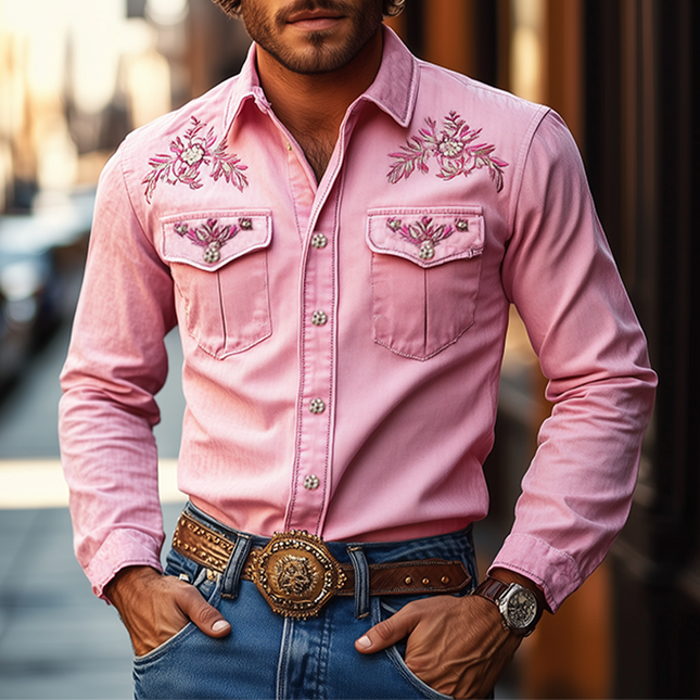 Men's Retro Western Shirt | Cotton Blend | Embroidered Long Sleeve | Classic American Style | Casual or Country Wear | Snap Buttons | Relaxed Fit | Breathable Fabric | Versatile Layering | Easy Care