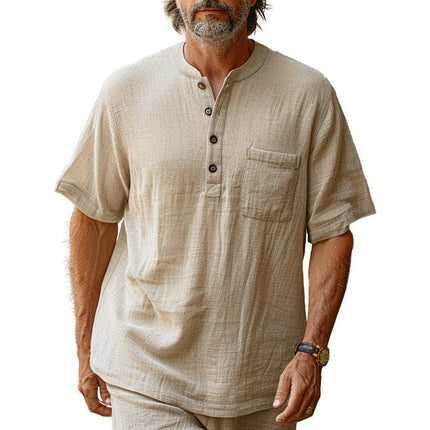 Men's Linen Henley Shirt | Casual Loose Fit | Short Sleeve | Comfortable Lightweight | Buttoned Placket | Breathable Fabric | Relaxed Neck | Chest Pocket | Versatile Style | Sizes S-XXXL