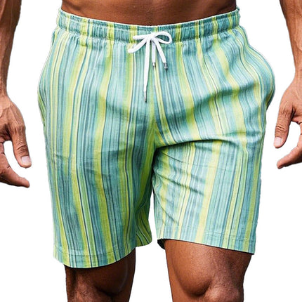 Men's Green Yellow Striped Casual Shorts | Elastic Waistband | Adjustable Drawstring | Above-the-Knee Length | Summer Beachwear | Lightweight Fabric | Sizes S-XXXL | Colorful Outdoor Shorts