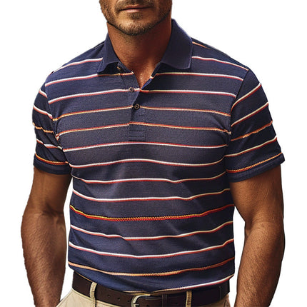 Men's Striped Short Sleeve Polo Shirt | Breathable Fabric | Classic Polo Collar | Navy with Vibrant Stripes | Casual Wear | Available in Sizes S-XXXL