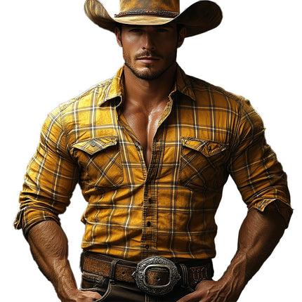 Men's Retro Yellow Check Shirt | Vintage Style Long Sleeve Button-Down | Breathable Comfort Fabric | Classic Pattern | Versatile Fit | Stylish Dress Shirt for Casual or Formal Looks