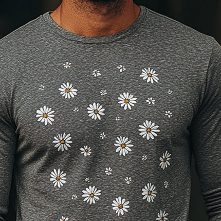 Men's Crew Neck Long Sleeve T-shirt | Daisy Embroidery | Soft Blended Fabric | Comfortable Breathable Fit | Casual Style for Every Occasion | Sizes S-3XL | Versatile Layering Shirt