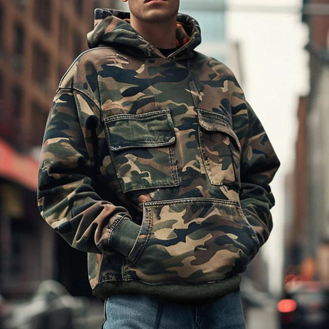 Men's Camouflage Vintage Hoodie | Cotton Blend | Long-Sleeved | Flap Pocket | Breathable Fabric | Warm & Durable | Adjustable Hood | Various Sizes | Easy Care | Stylish Outdoor & Casual Wear
