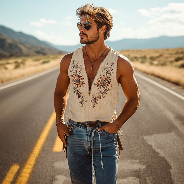 Men's Western Suede Tank Top | Cowboy Style | Embroidered Deep V Neck | High-Quality Material | Versatile Casual Wear | Unique Western Design | Durable and Stylish | Iconic American Fashion