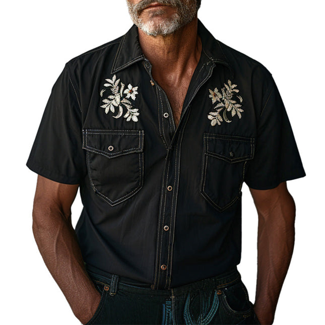 Men's Western Light Denim Short Sleeve Shirt | Floral Embroidered | Casual Point Collar | Size S-XXXL | Summer Fashion | Comfortable Fabric