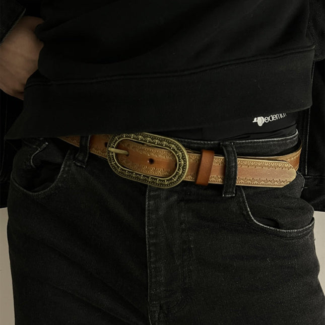 Men's Vintage Distressed Genuine Leather Belt | Engraved Embossed Design | High-Quality Material | Classic Buckle | Stylish & Durable | Versatile for Casual & Semi-Formal Outfits | Multiple Sizes Available
