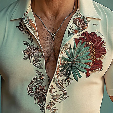 Men's Floral Embroidery Shirt | Short Sleeve | Spread Collar | Casual & Formal | Breathable Fabric | Sizes S-XXXL