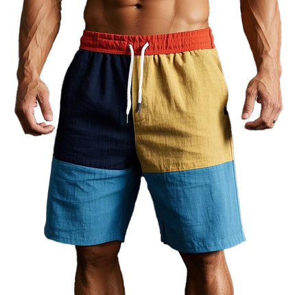 Men's Linen Casual Shorts | Contrast Color Block Design | Elastic Waist Drawstring | Breathable Lightweight Fabric | Navy Mustard Yellow Light Blue | Summer Beach Barbecue Hangout | Sizes S to XXXL