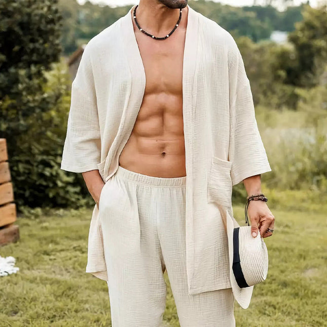 Men's Shirt and Pants Set | Skin-Friendly Textured Fabric | Casual Comfort | Classic Relaxed Fit | Tailored Soft Pants | Versatile Everyday Wear | Long Sleeve V-Collar Shirt | Breathable Material | Multiple Sizes Available