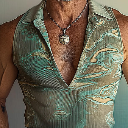 Men's Printed Stand Collar Vest | Slim Fit V-Neck | Lightweight Stretch Fabric | Casual Semi-Formal | S-XXXL Sizes | Contemporary Marble Design