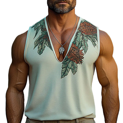 Men's V-Neck Printed Floral Embroidery Casual Sleeveless Muscle Tank | Breathable Soft Fabric | Gym & Outing Wear | Sizes S-XXXL