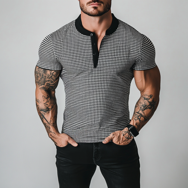 Men's Retro Houndstooth Patchwork T-Shirt | Henry Collar Slim Fit | Short Sleeve | Stylish Casual Top | Fashionable Men's Shirt | Comfortable Versatile Apparel | Modern Classic Design