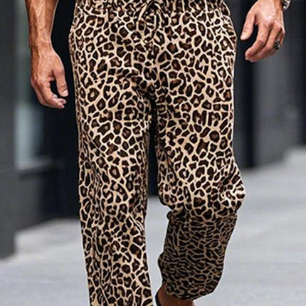Men's Fashion Leopard Print Pants | Casual Elastic Waist Trousers | Adjustable Drawstring | Full-Length | Versatile Style | Multiple Sizes | Beige with Black Pattern