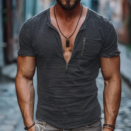 Men's Cotton T-Shirt | Washed Zippered Neck | Patch Pocket | Short Sleeve | Casual Slim Fit | Soft Breathable Fabric | Durable Comfortable Wear | Vintage Look | Machine Washable