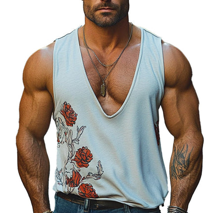 Men's Sleeveless Floral Tank Top | Deep V Neck | Breathable Lightweight Fabric | Versatile for Warm Weather | Soft Comfortable Fit | Sizes S-XXXL