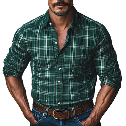 Men's Dark Green Check Shirt | Vintage Style Long Sleeve | Premium Cotton Blend | Classic Collar | Tailored Regular Fit | Dress Shirt