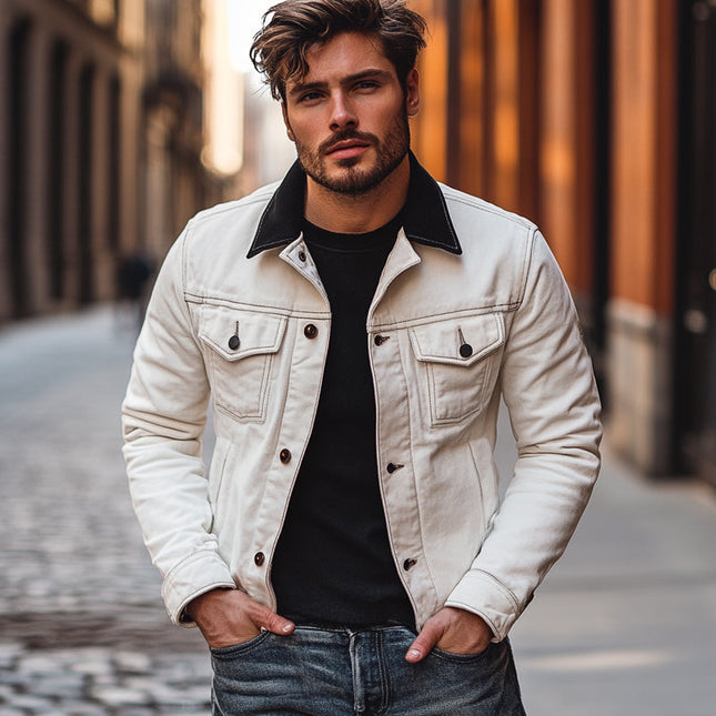 Men's Vintage White Denim Jacket | Colorblock Collar | Retro Style | Classic Fit | Durable Cotton | Button Closure | Comfortable Outerwear | Versatile Casual Wear | Distinctive Fashion Statement