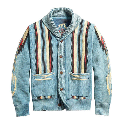 Men's Vintage Knit Cardigan | Classic Jacquard Patterns | Lapel Collar | Single Breasted | Long Sleeves | Soft Cotton Acrylic Blend | Functional Pockets | Versatile Style for Semi-Formal & Casual Wear
