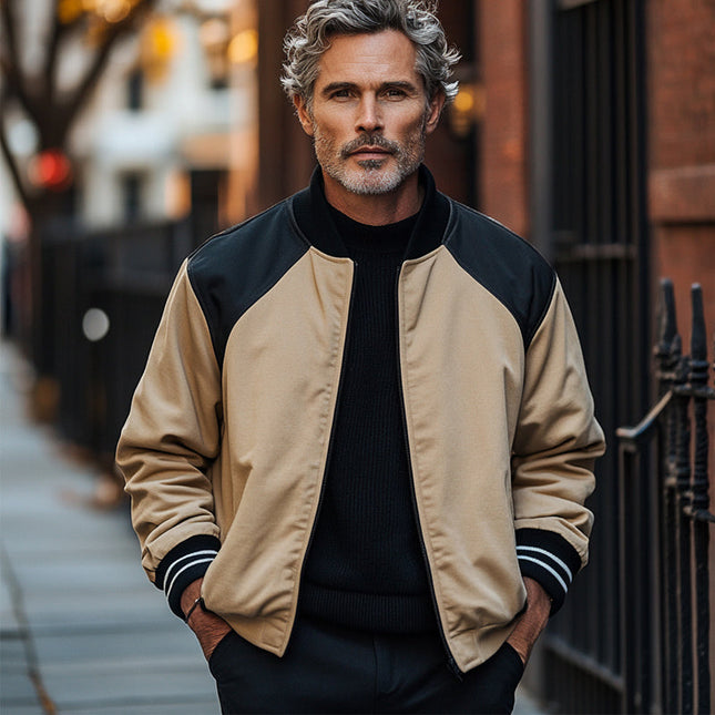 Men's Retro Baseball Jacket | Black Camel Colorblock | Zipper Front | Long Sleeve | Ribbed Collar and Cuffs | Casual Outerwear | Vintage Inspired | Regular Fit | Versatile Style