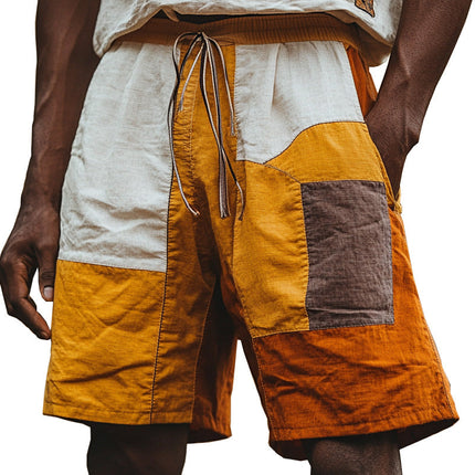 Men's Linen Shorts | Contrast Color Patchwork Design | Casual Elastic Waist | Breathable Summer Wear | Versatile for Beach & Outings | Sizes S-XXXL