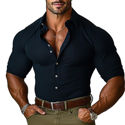 Men's Slim Fit Long Sleeve Ribbed Shirt | Black | Stylish Casual Semi-Formal | Comfortable Sharp Collar | Versatile Fashion Apparel | Available Sizes S-XXXL