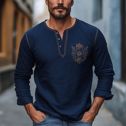 Men's Long Sleeve Henley T-Shirt | Navy Blue | Cotton Linen Blend | Embroidered Design | Button-Up Collar | Breathable Fabric | Lightweight & Soft | Versatile Casual Wear | Ideal for Layering