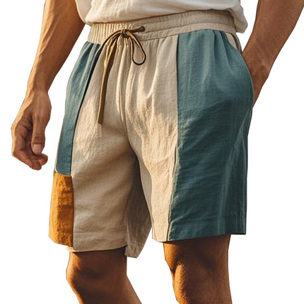 Men's Linen Shorts | Patchwork Design | Morandi Color | Elastic Waistband | Summer Casual Wear | Breathable Comfort | Sizes S-XXXL