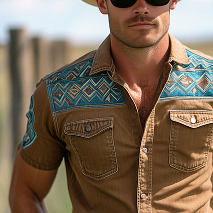 Men's Western Cowboy Shirt | Denim Print | Short Sleeve | Casual Button Down | Snap Button | Point Collar | Lightweight Comfort | Classic Style | Regular Fit | M-3XL | Wrinkle Resistant | Two Chest Pockets