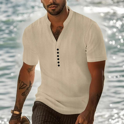 Men's Short Sleeve Solid Color T-Shirt | Casual Pullover with Button Detail | Comfortable Cotton Blend | Modern Fit | Versatile Wardrobe Essential | Stylish Neckline | Ideal for Warm Weather | MTA0625E4X