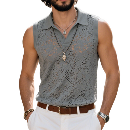 Men's Lace Lapel Sleeveless Tank Top | Casual Wear | Soft Breathable Fabric | Stylish Design | Comfortable Fit | Elegant Lace Detailing | Perfect for Warm Days | Fashionable Men's Top