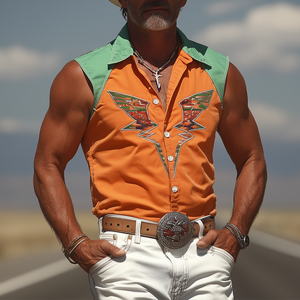 Men's Sleeveless Western Shirt | Cotton Blend | Embroidered | Contrast Stitching | Retro Cowboy Style | Slim Fit | Spring & Summer Fashion
