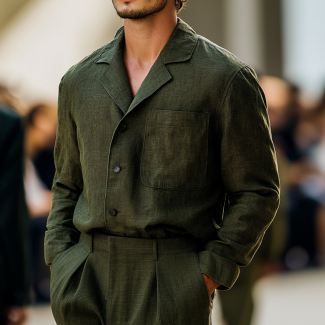 Men's Long Sleeve Linen Shirt | Casual Loose Fit | Breathable Fabric | Notched Lapel | Patch Pocket | Comfortable & Stylish | Ideal for Warm Weather | Versatile Everyday Wear | Sophisticated Casual Top