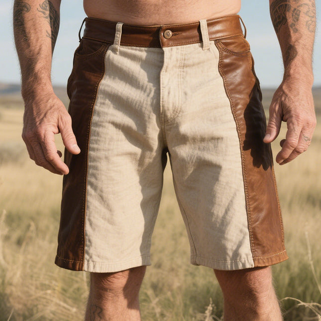 Men's Western Cowboy Style Cotton Shorts | Retro Leather Stitching | Classic Ranch Inspired | Breathable Material | Relaxed Casual Fit | Adjustable Waistband | Perfect for Outdoor Activities | Sizes S-3XL