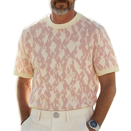 Men's Stylish Round Neck Patterned Knitted T-Shirt | Intricate Design | Breathable Fabric | Short Sleeve | Casual and Semi-Formal Wear | Available in Sizes S to 3XL | Comfortable Fit | Wrinkle-Resistant