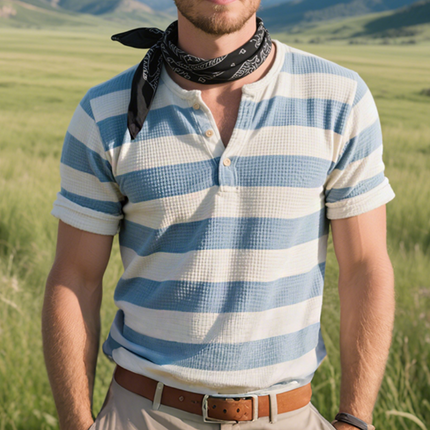 Men's Retro Western Striped Print T-Shirt | Casual Waffle Henley Collar | Short Sleeve | Breathable Cotton | Vintage Cowboy Style | Comfortable Fit | Versatile Casual Fashion