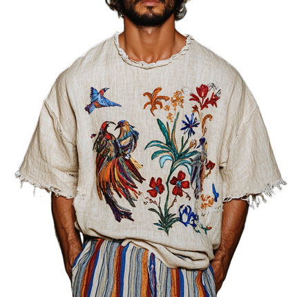 Men's Embroidered Cotton & Linen T-Shirt | Round Neck | Short Sleeves | Casual & Breathable | Stylish & Comfortable | Elegant Embroidery