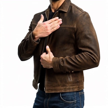 Men's Leather Jacket | Classic Style | Full Zipper Closure | Long Sleeves with Zippered Cuffs | Durable Premium Leather | Versatile Outerwear | Pockets & Reinforced Stitching | Black Army Green Brown