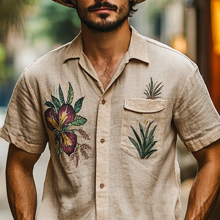 Men's Vintage Western Shirt | Botanical Print | Short Sleeve | Casual Button Down | Breathable Fabric | Relaxed Fit | Stylish Retro Design | Comfortable Everyday Wear | Ideal for Summer Outings | Fashionable Statement Piece