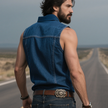 Men's Sleeveless Denim Shirt | Retro Western Cowboy Style | Summer Fashion | Embroidered Design | Casual Wear | Durable Breathable Fabric | Versatile | Easy Pairing | Comfortable Outdoor Essential