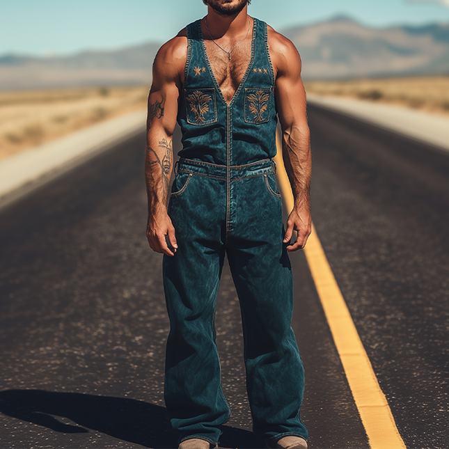Men's Retro Western Cowboy Denim Jumpsuit | Summer Fashion | Embroidered Design | High-Quality Lightweight Fabric | Snap Buttons | Practical Pockets | Classic Style | All-Day Comfort