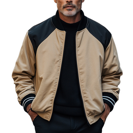 Men's Retro Baseball Jacket | Black Camel Colorblock | Zipper Front | Long Sleeve | Ribbed Collar and Cuffs | Casual Outerwear | Vintage Inspired | Regular Fit | Versatile Style
