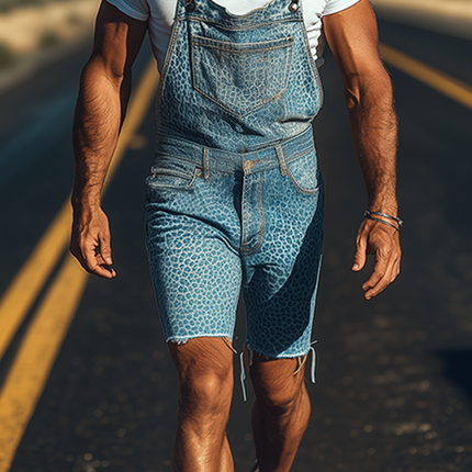 Men's Retro Cowboy Style Denim Overalls | Washed Denim | Leopard Print | Knee-Length | Spring Summer Fashion | Western Cowboy Vintage | Unique Distinctive Rugged Design | Comfortable and Stylish