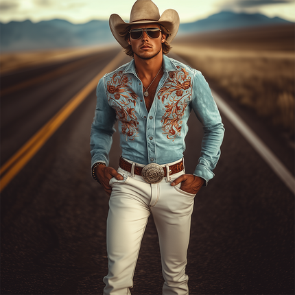 Men's American Retro Western Shirt | Suede Fabric | Embroidered Design | Long Sleeve | Classic Snap Buttons | Pointed Yoke | Versatile Styling | Casual & Semi-Formal Wear | Easy Care