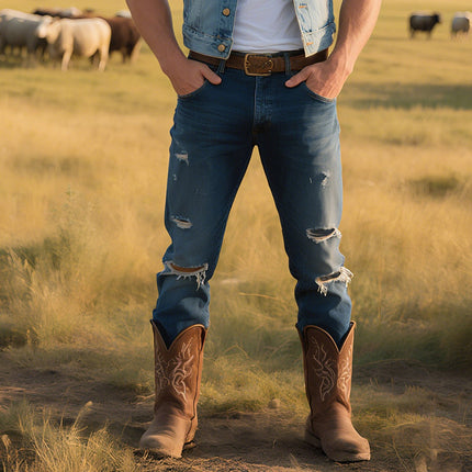 Men's Retro Western Style | Casual Denim | Washed Ripped Jeans | Rugged Straight-Leg Fit | Mid-Rise Waist | Versatile Year-Round Wear | Durable Comfort