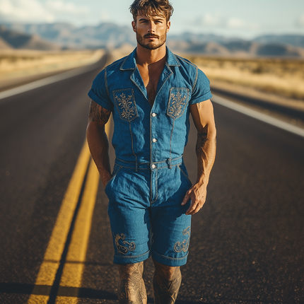 Men's Jumpsuit | Summer Fashion | Retro Western Cowboy Style | Pocket Embroidery | High-Quality Breathable Fabric | Relaxed Fit | Versatile Styling Options | Functional Pockets | Ideal for Casual Outings